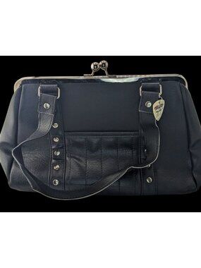 Hold Fast Handmade Gothic Black Faux Leather Handbag With Silver Studs & Kiss Lo